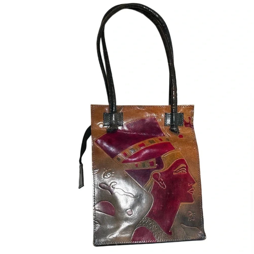 80’s NEFERTITI EGYPTIAN motif hard to find Handcrafted Leather Tote shoulder bag